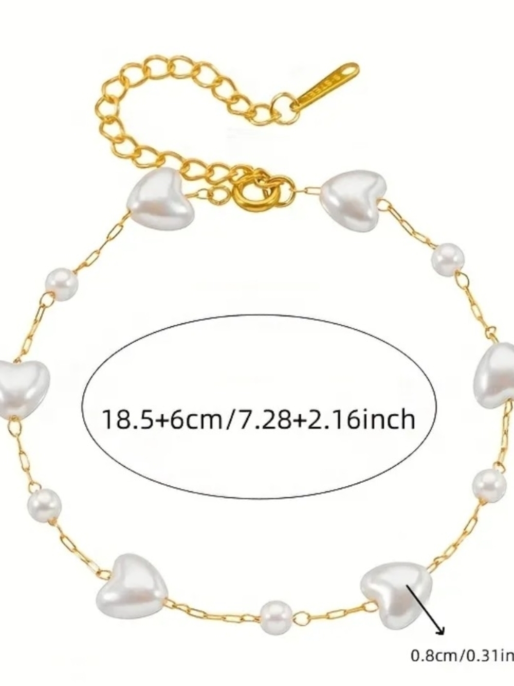 Gold Chain Bracelet with White Heart Pearls - Women Jewelry - Picture 3 of 4